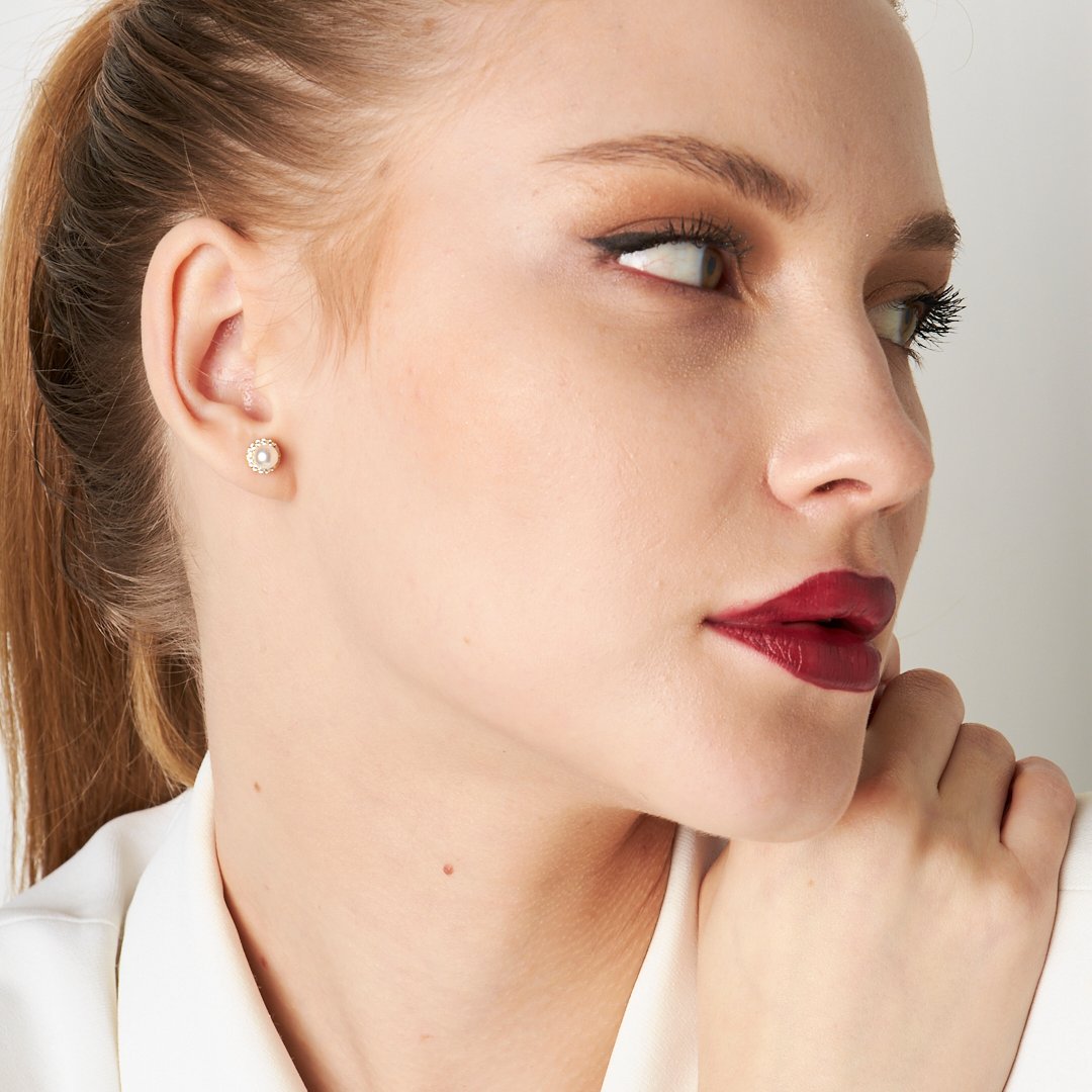 Stone Round Pearl Earrings - 925 SILVER