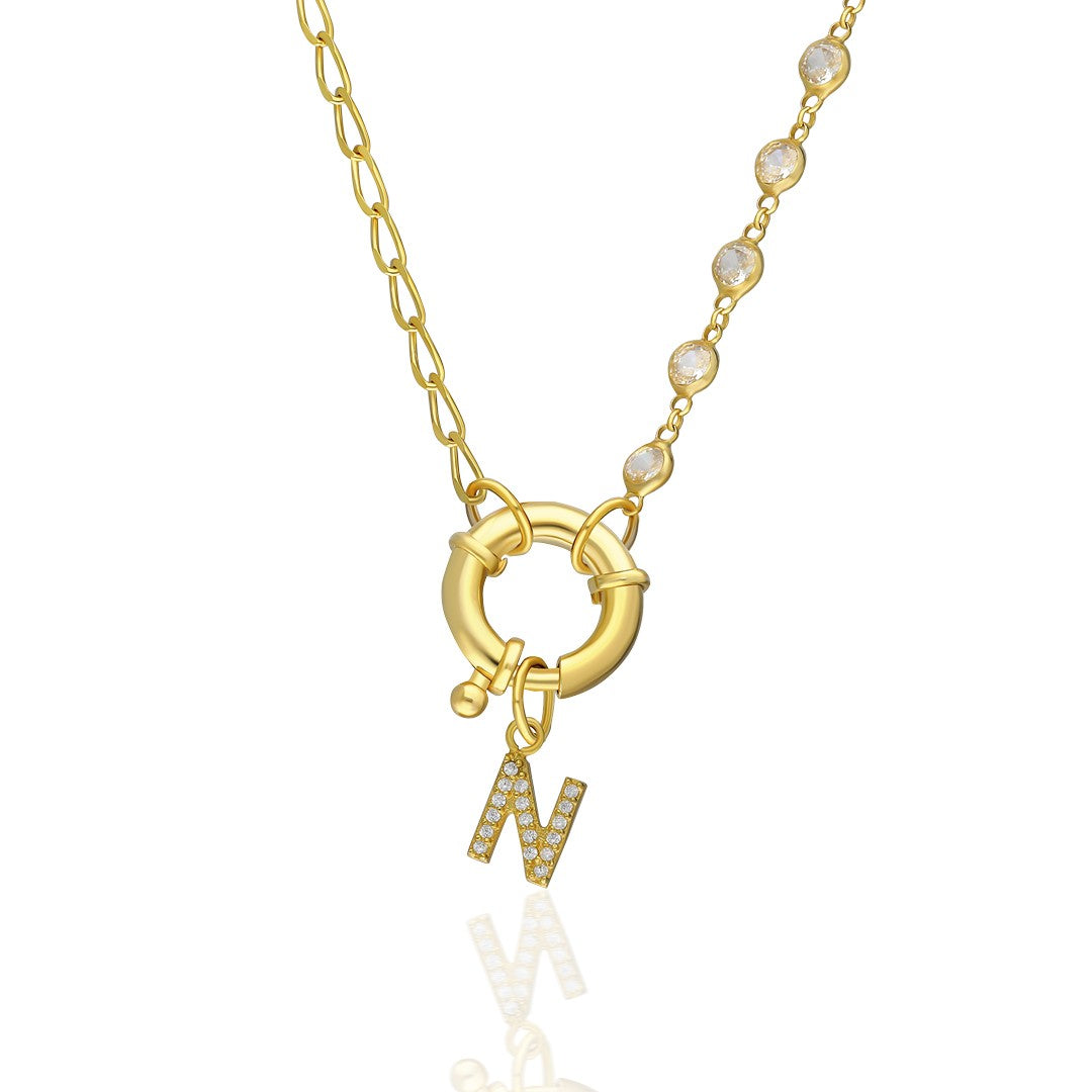 Sailor Locked Initial Necklace with Row Stones - 925 SILVER