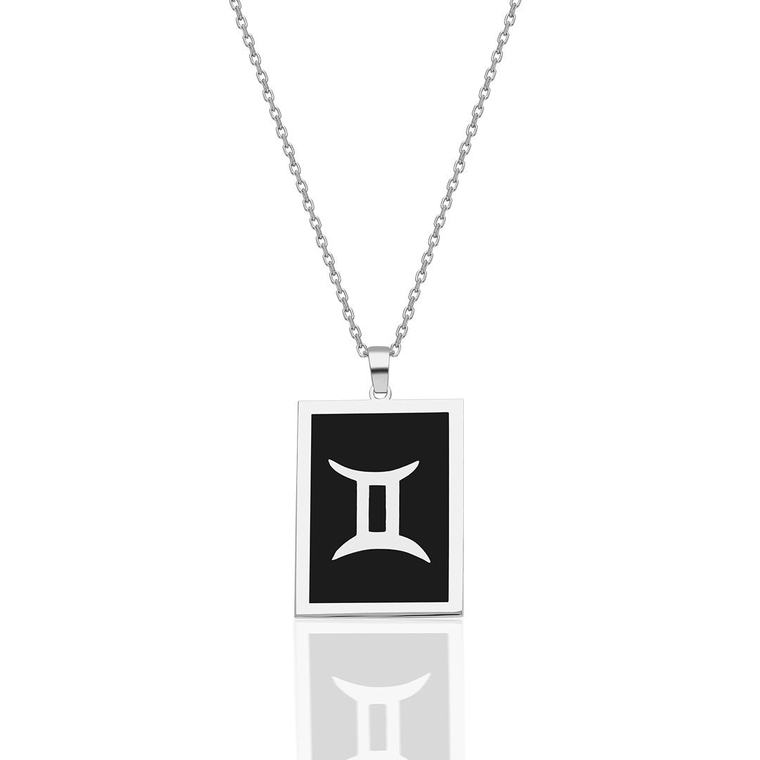 Black Rectangle Gemini Zodiac Necklace - 925 SILVER