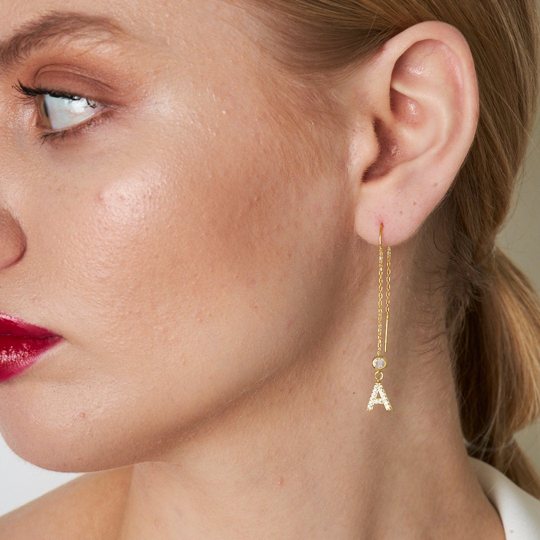 Zircon Stone Dangle Letter Earrings - 925 SILVER