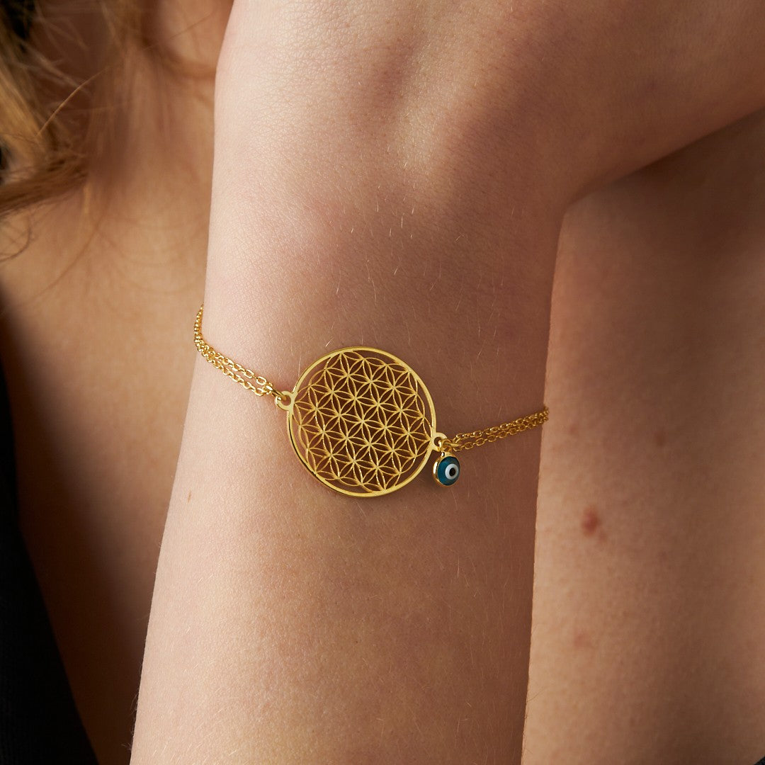 Evil Eye Bead Flower of Life Bracelet - 925 SILVER
