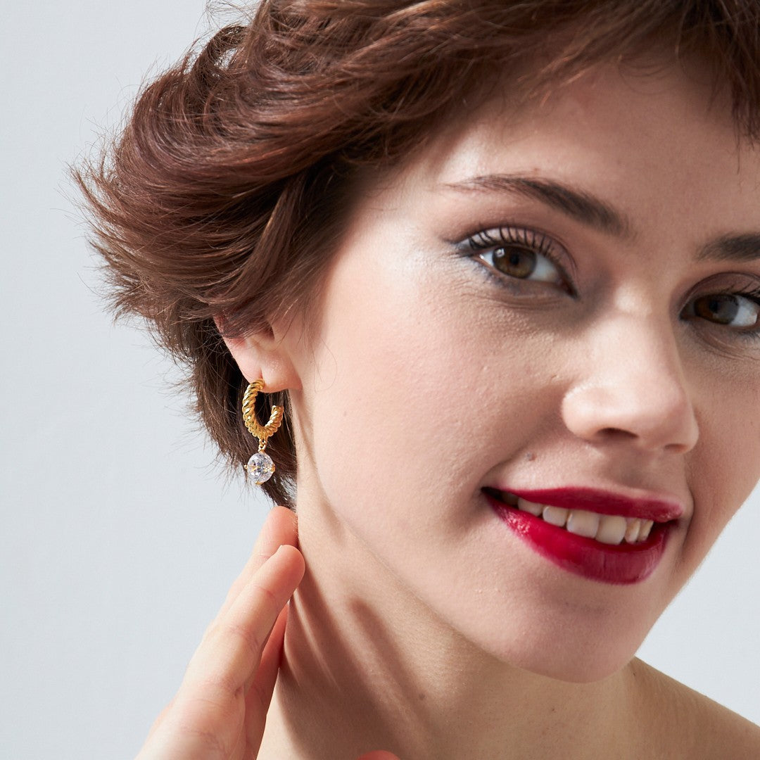 Twisted Hoop Single Stone Earring - 925 SILVER