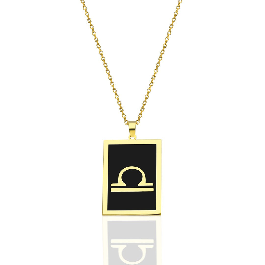 Black Rectangle Libra Zodiac Necklace - 925 Silver