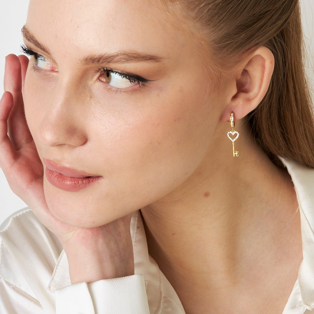 Heart Stone Key Earrings - 925 SILVER