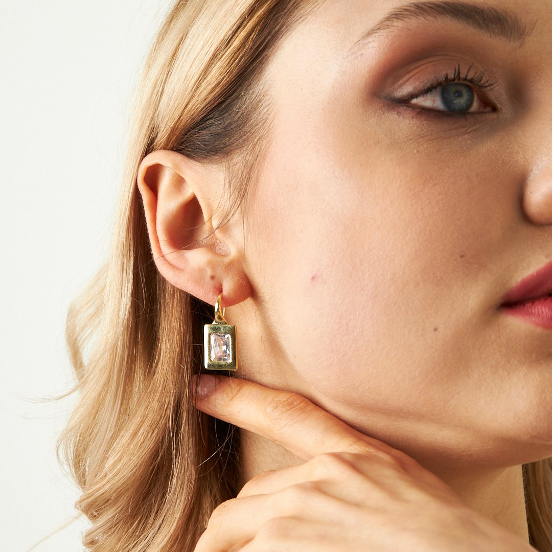 Square Single Stone Earring - 925 SILVER