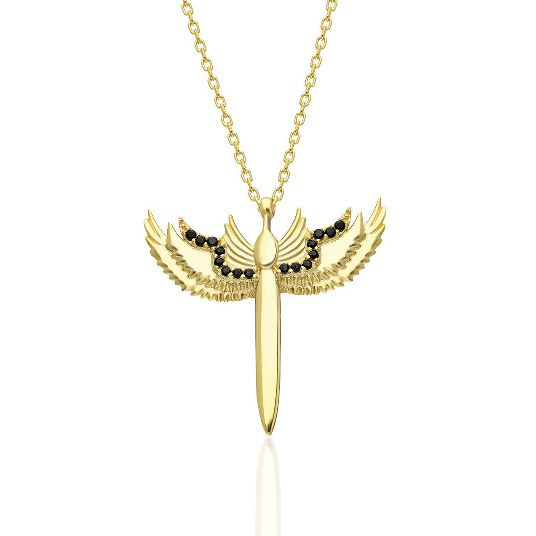 Angel Necklace with Black Stone Details - 925 SILVER