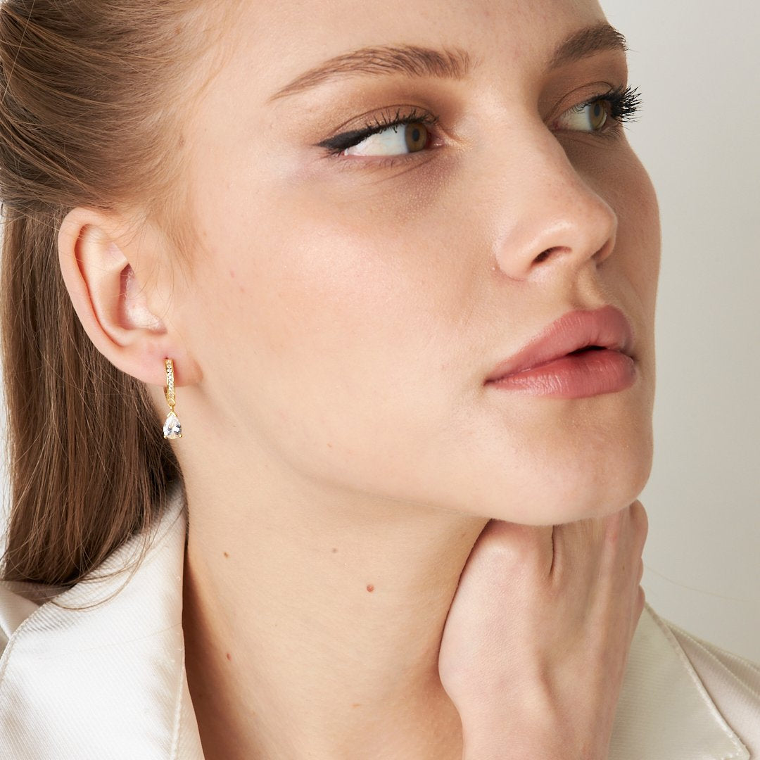 Teardrop Stone Hoop Earrings - 925 SILVER