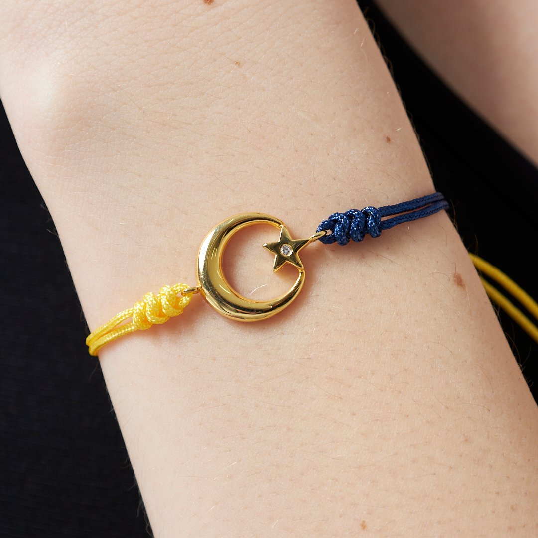Yellow and Navy Blue Rope Bracelet with Star and Crescent - 925 SILVER
