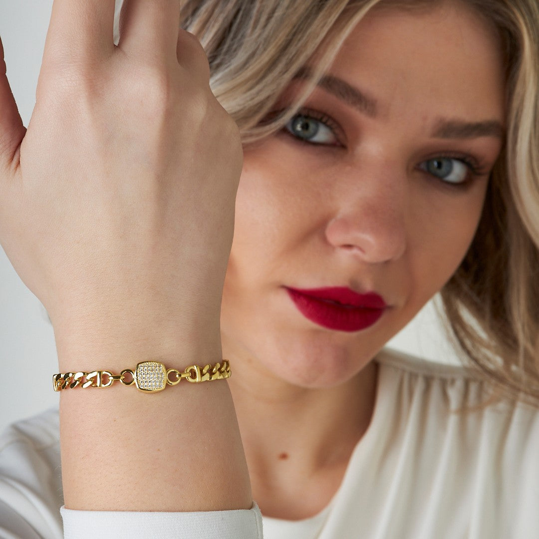 Square Two Chain Stone Bracelet - 925 SILVER