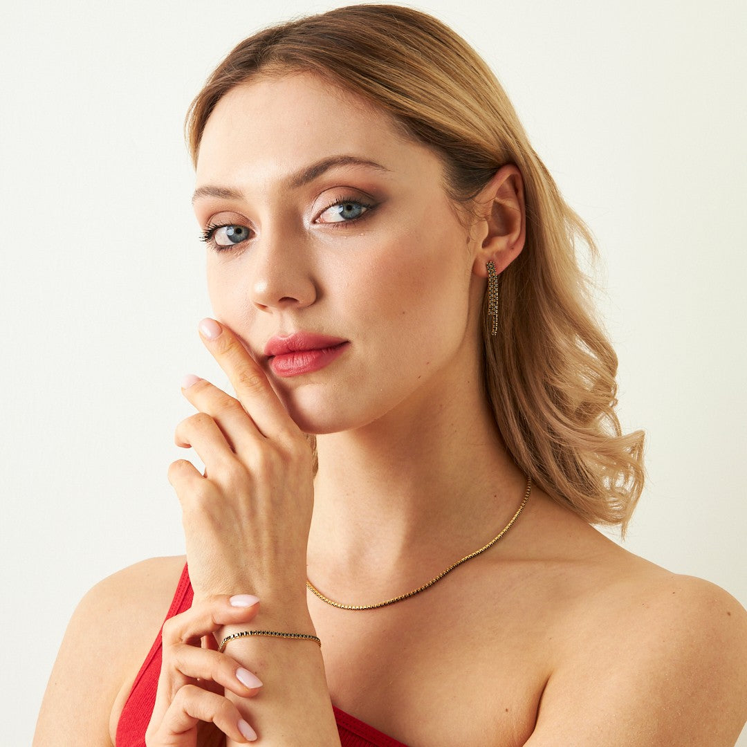 HALSKETTE MIT SCHWARZE STEIN SET | 925 SILBER