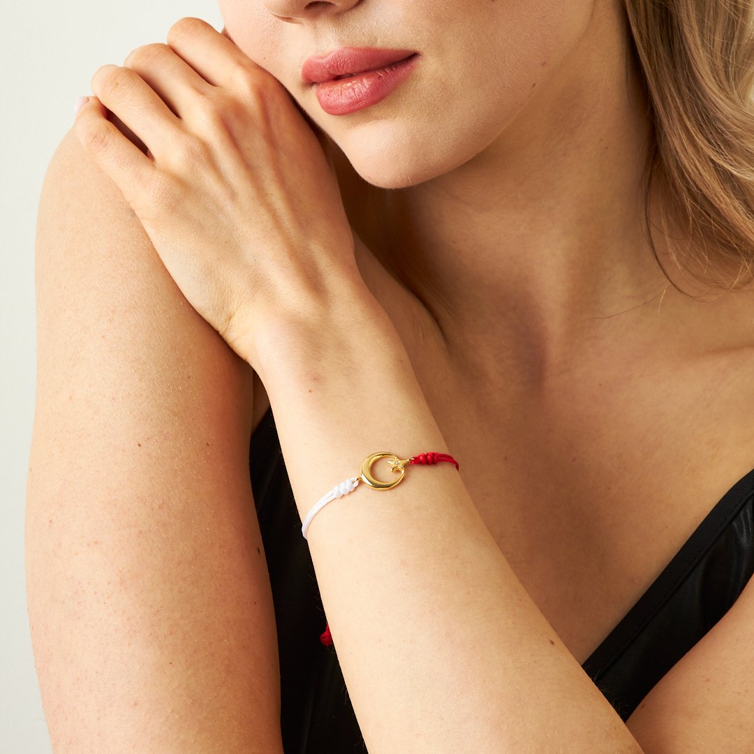 Red and White Rope Bracelet with Star and Crescent - 925 Silver