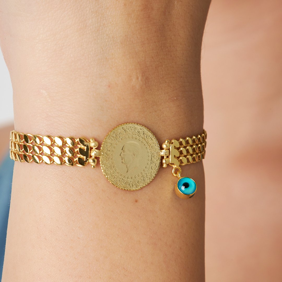 Triple Chain Bracelet with Quarter Evil Eye Detail - 925 SILVER