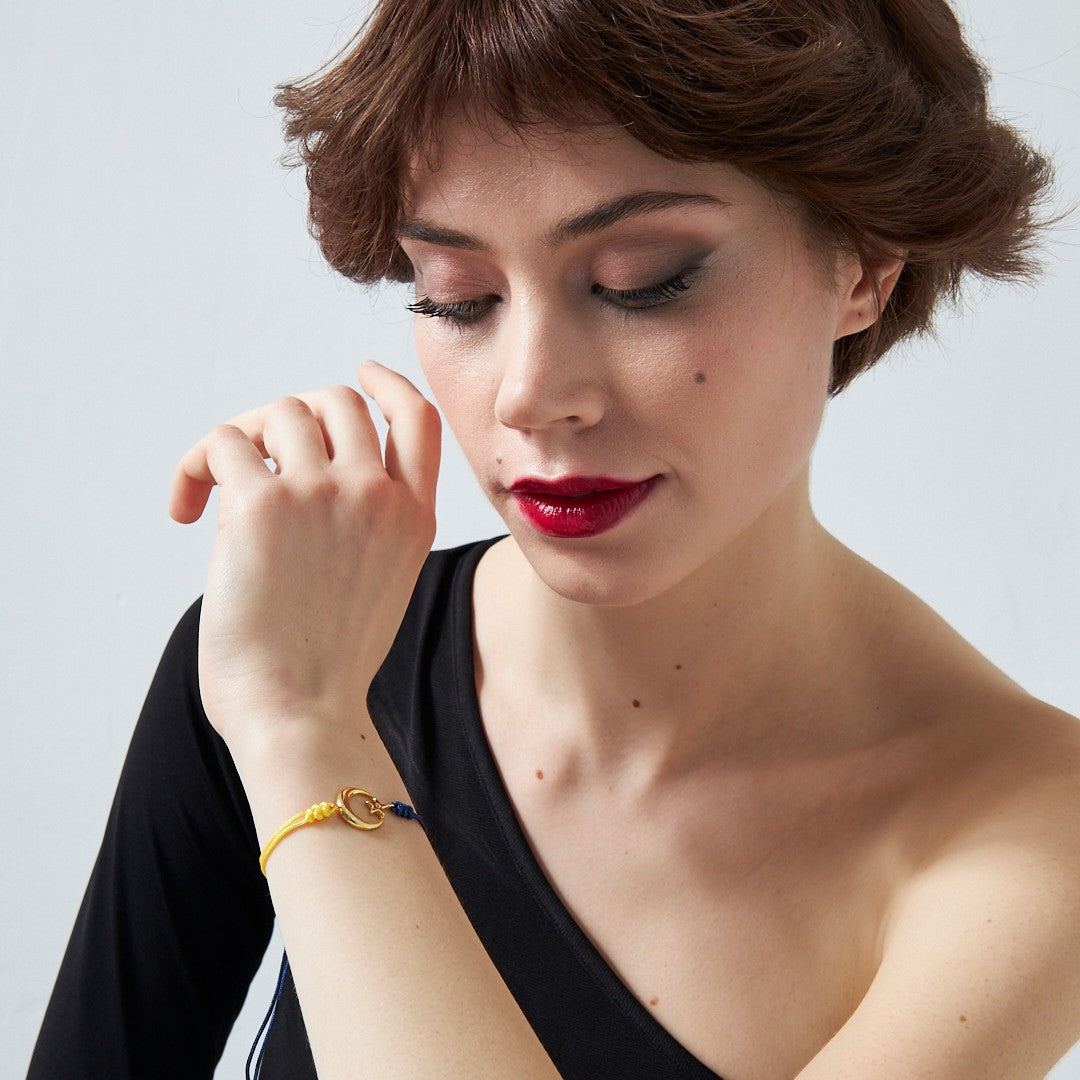 Yellow and Navy Blue Rope Bracelet with Star and Crescent - 925 SILVER