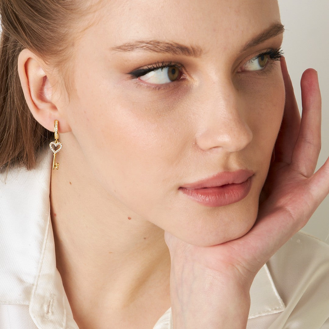 Heart Stone Key Earrings - 925 SILVER