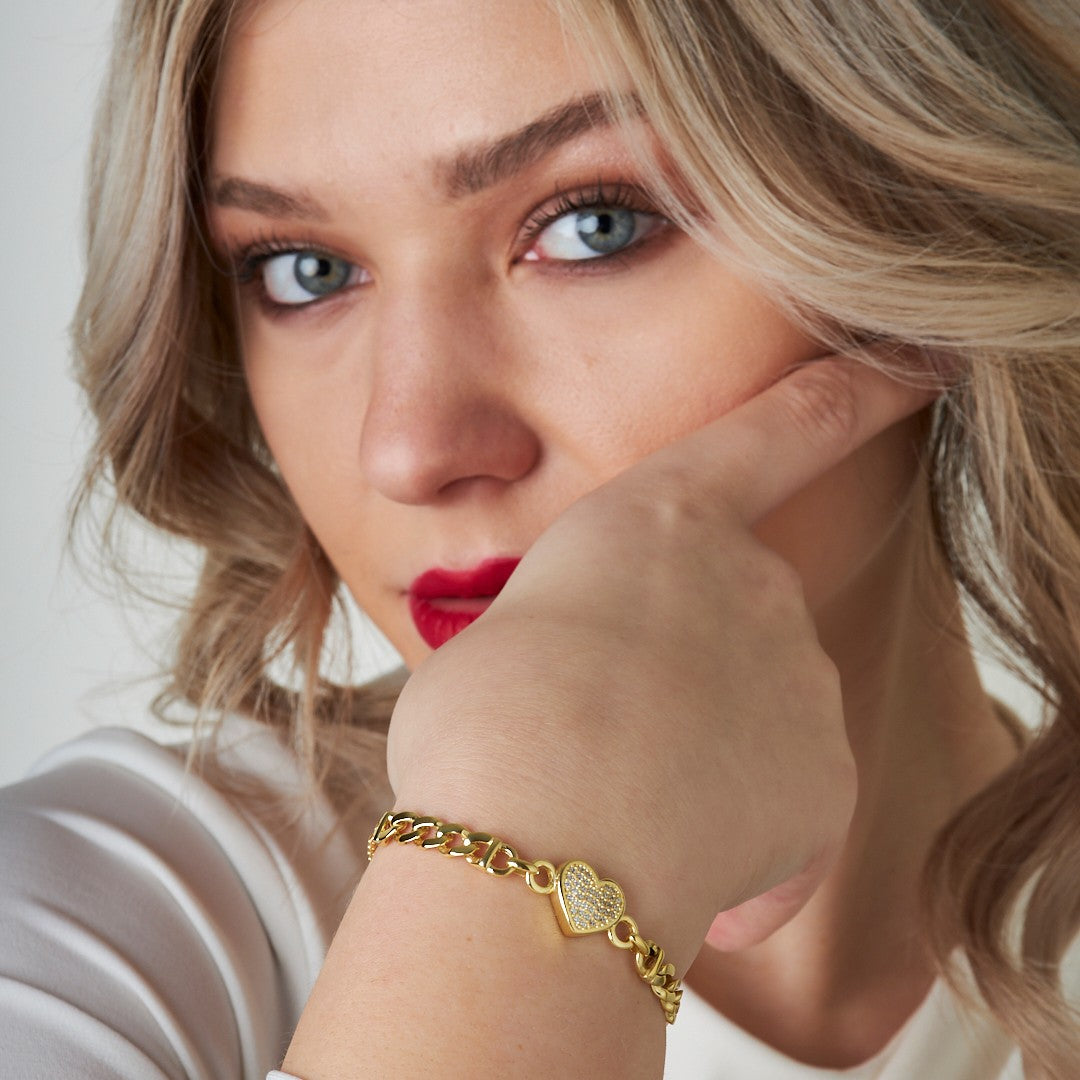 Double Chain Stone Heart Bracelet - 925 SILVER