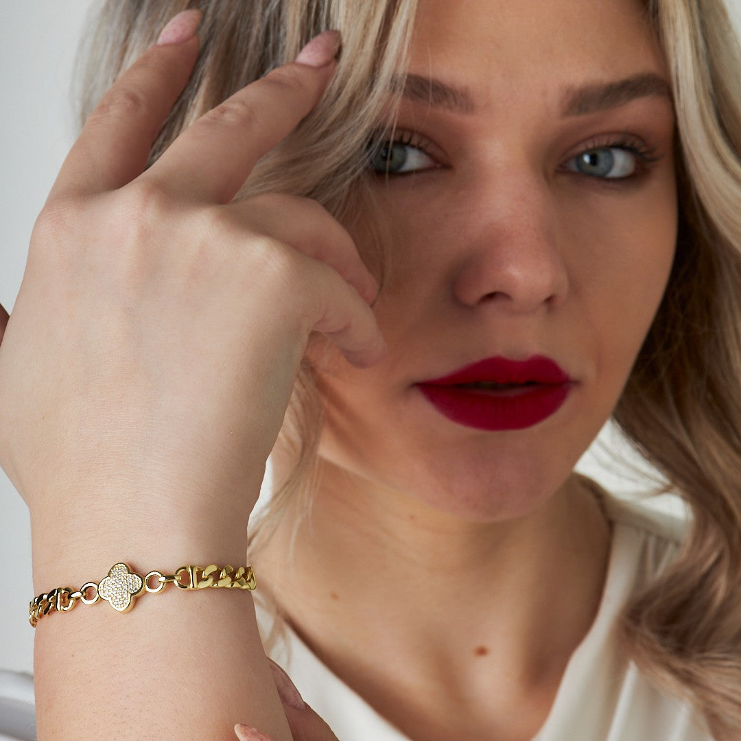 Two Chain Stone Clover Bracelet - 925 SILVER