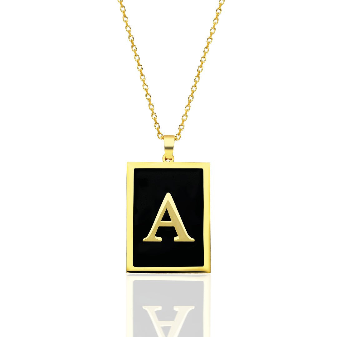 Black Enameled Square Letter Necklace - 925 Silver