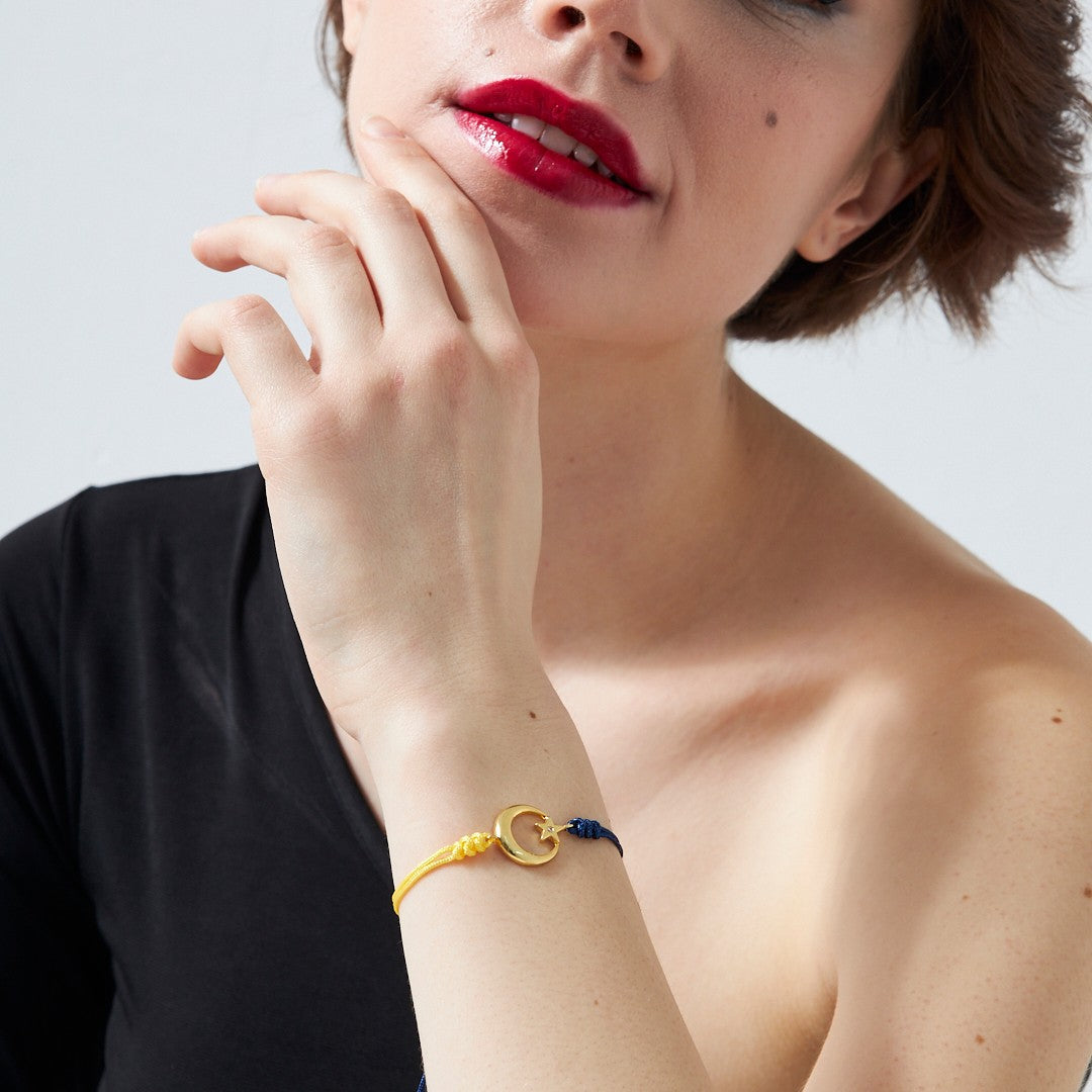 Yellow and Navy Blue Rope Bracelet with Star and Crescent - 925 SILVER