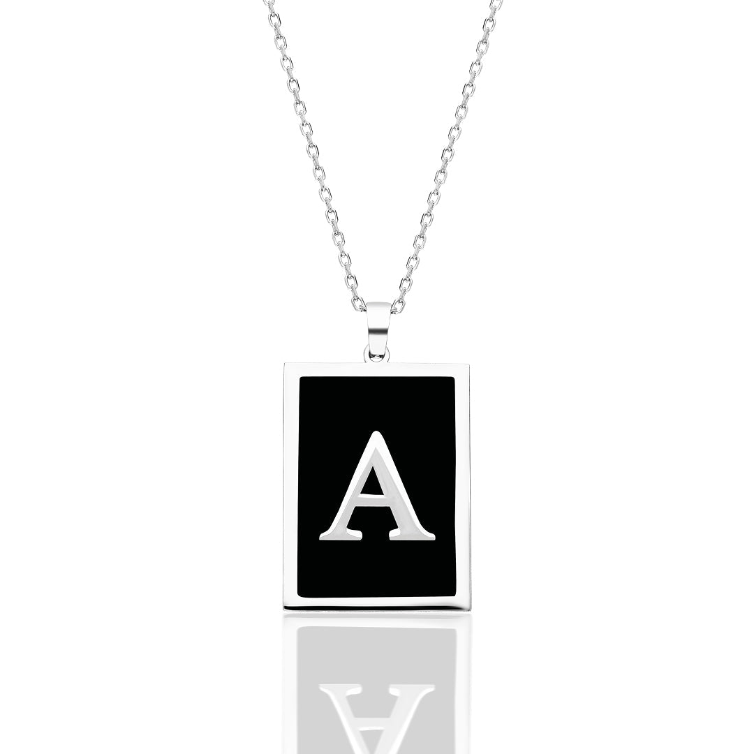 Black Enameled Square Letter Necklace - 925 Silver
