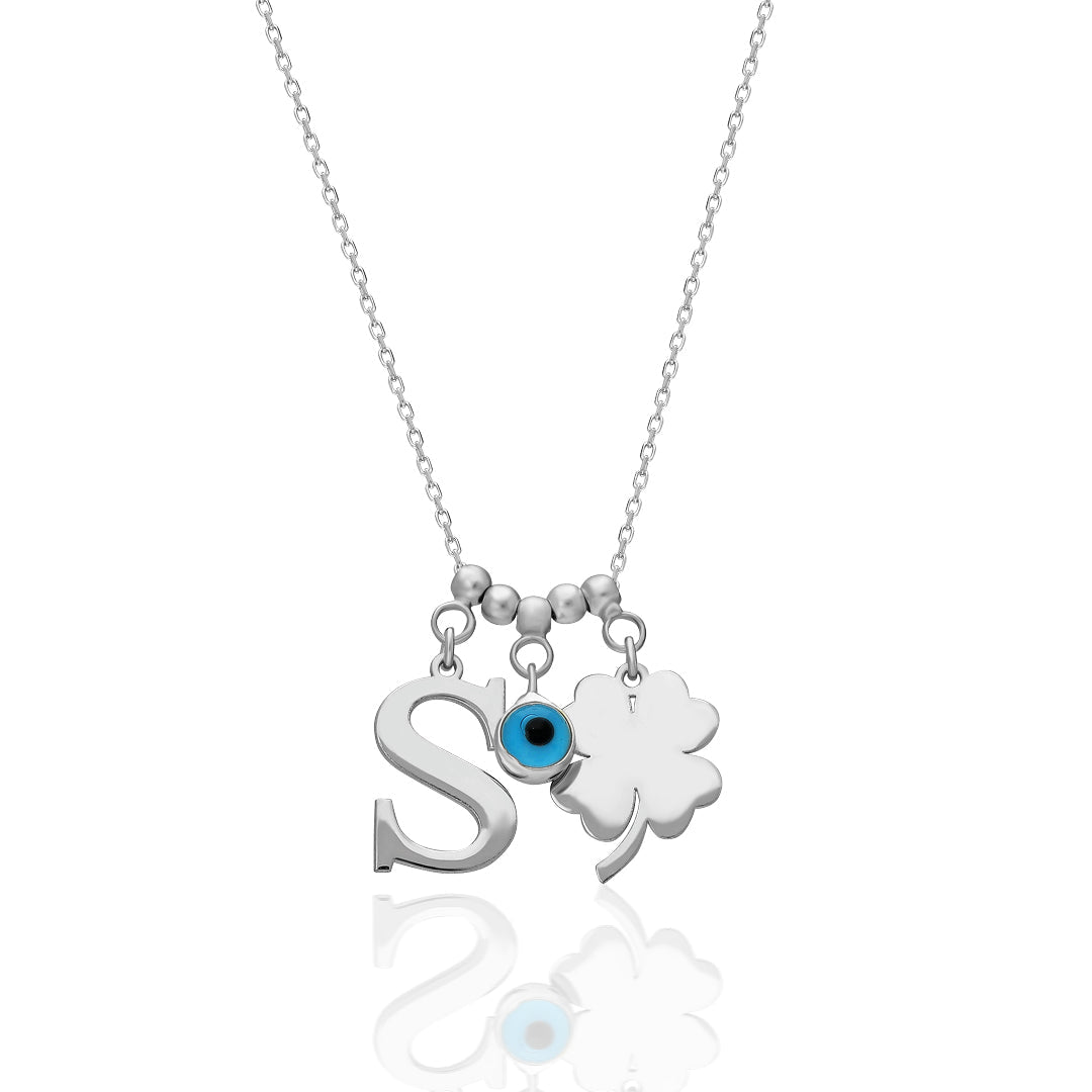 Evil Eye Clover Leaf Single Letter Necklace - 925 SILVER