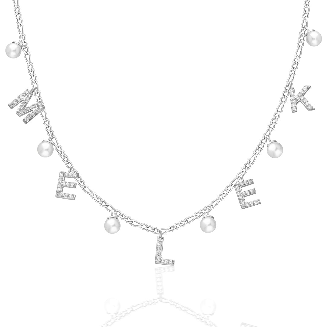 Figaro Pearl Stone Name Necklace - 925 SILVER
