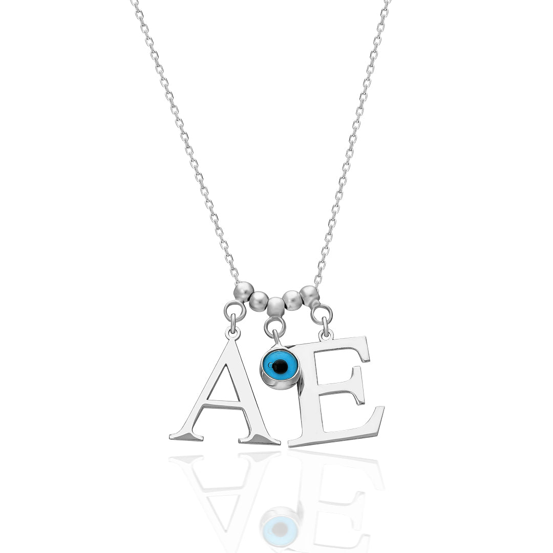 Evil Eye Necklace with Two Letters - 925 Silver