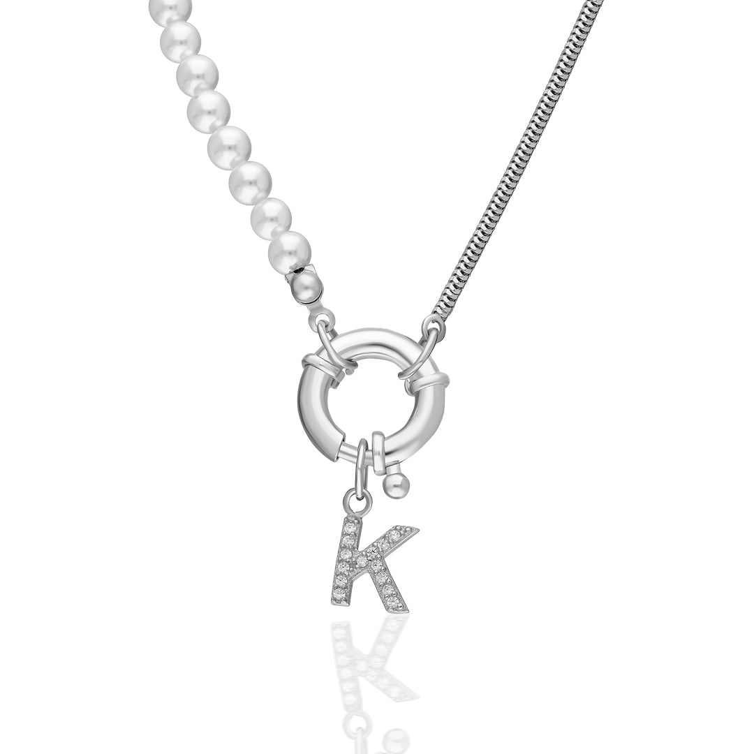 Pearl and Chain Letter Necklace - 925 Silver