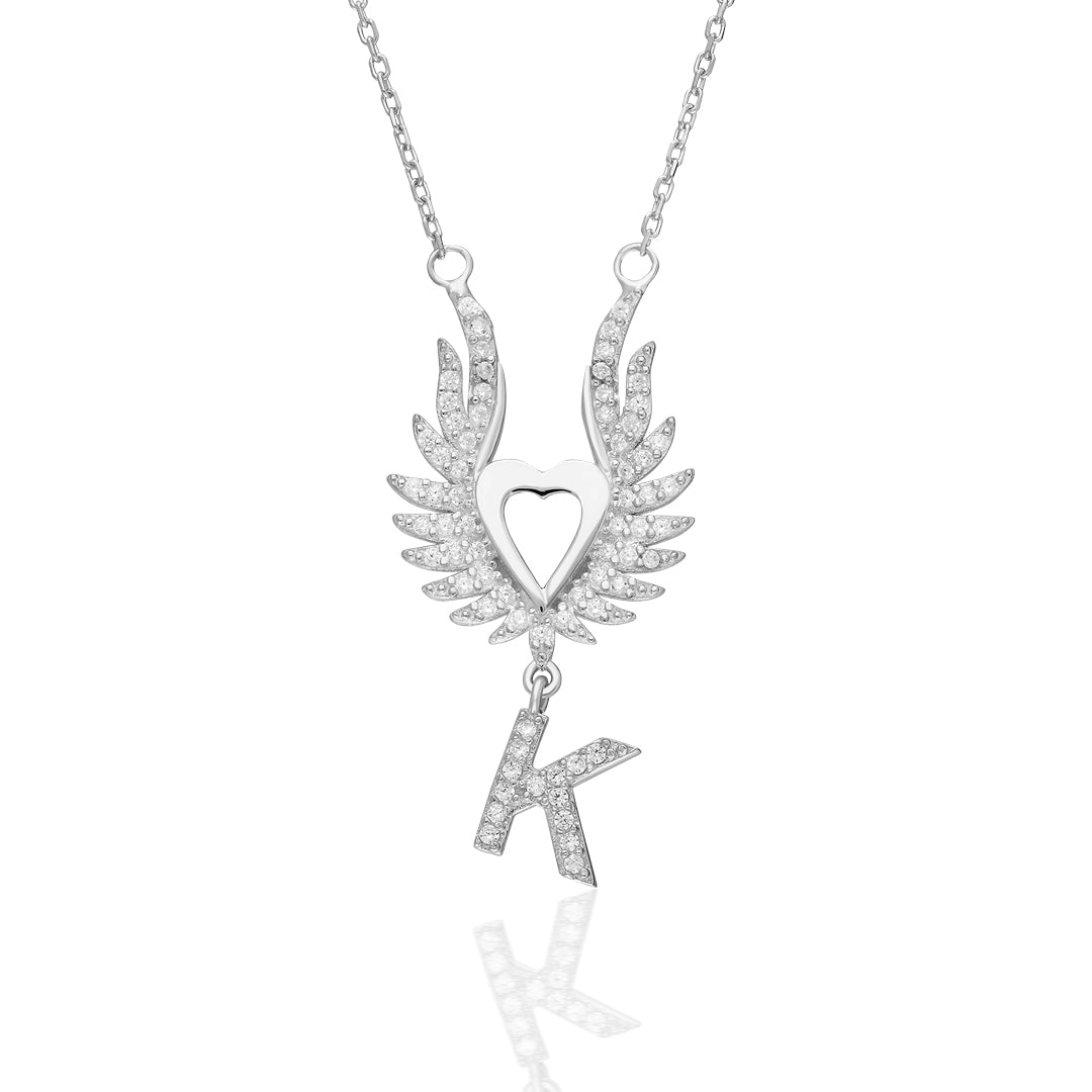 Large Winged Heart Necklace with Initials - 925 Silver