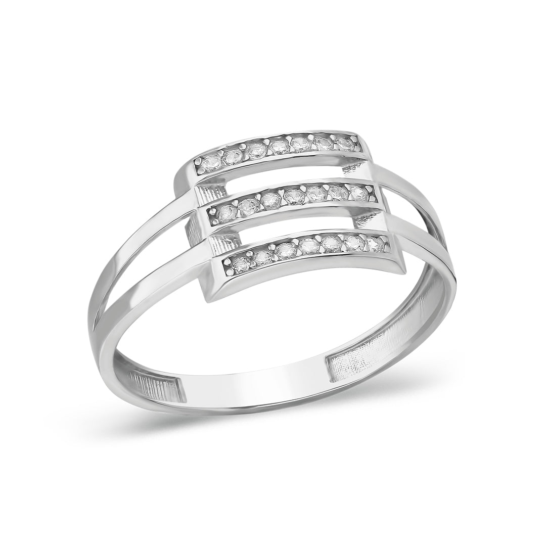 Triple Ribbed Ring with Row Stones - 925 SILVER