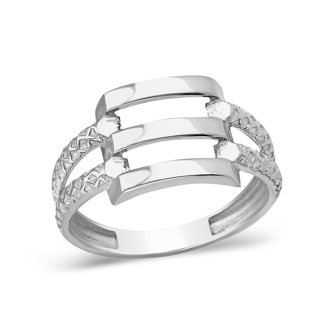 Three-Row Ribbed Ring with Patterned Edges - 925 SILVER