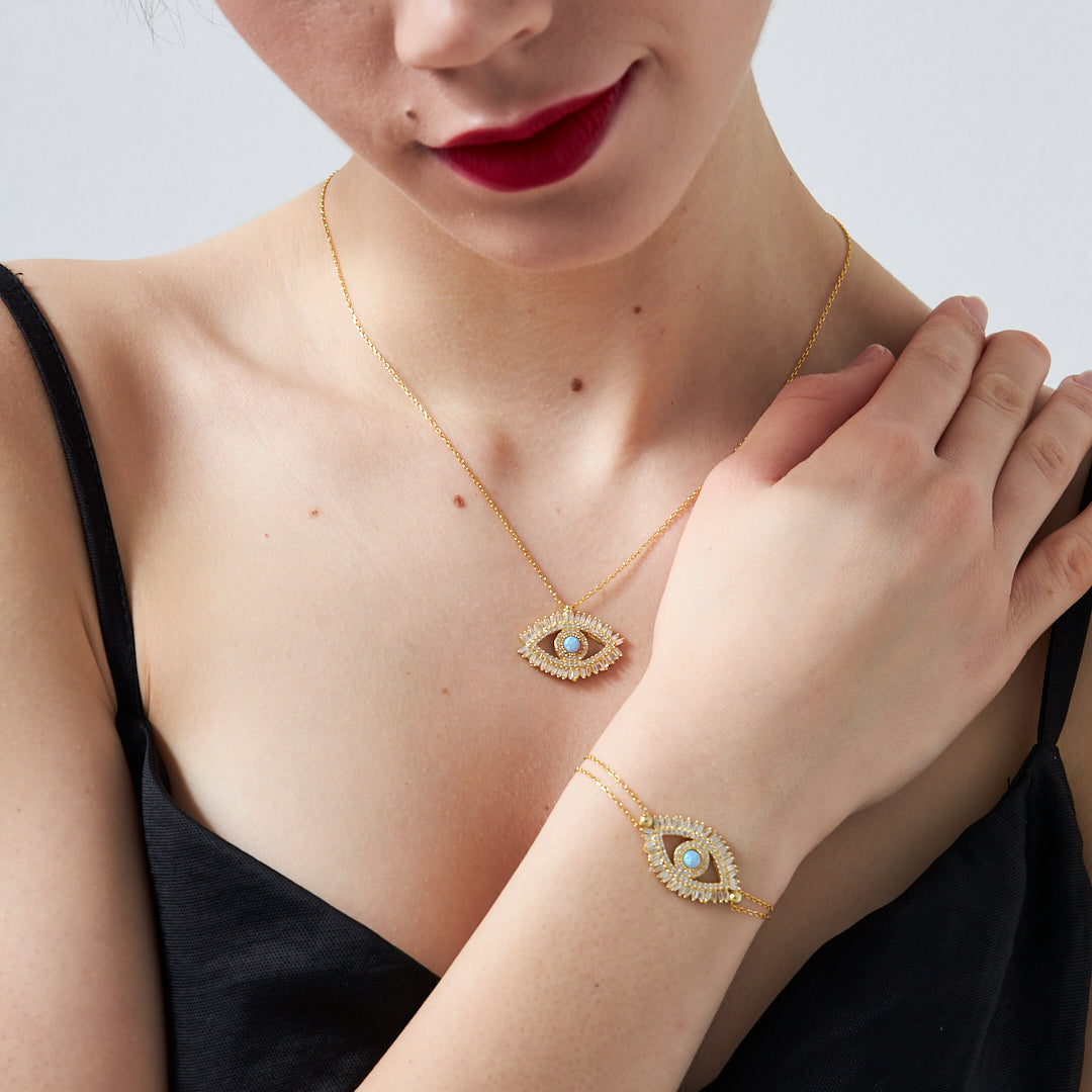 14K GOLD baguette stone turquoise eye set