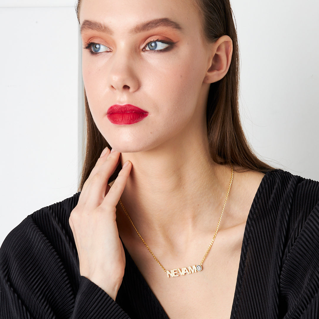 Evil Eye Stone Name Necklace with Letters - 925 Silver