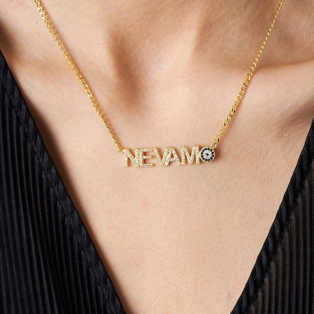 Evil Eye Stone Name Necklace with Letters - 925 Silver