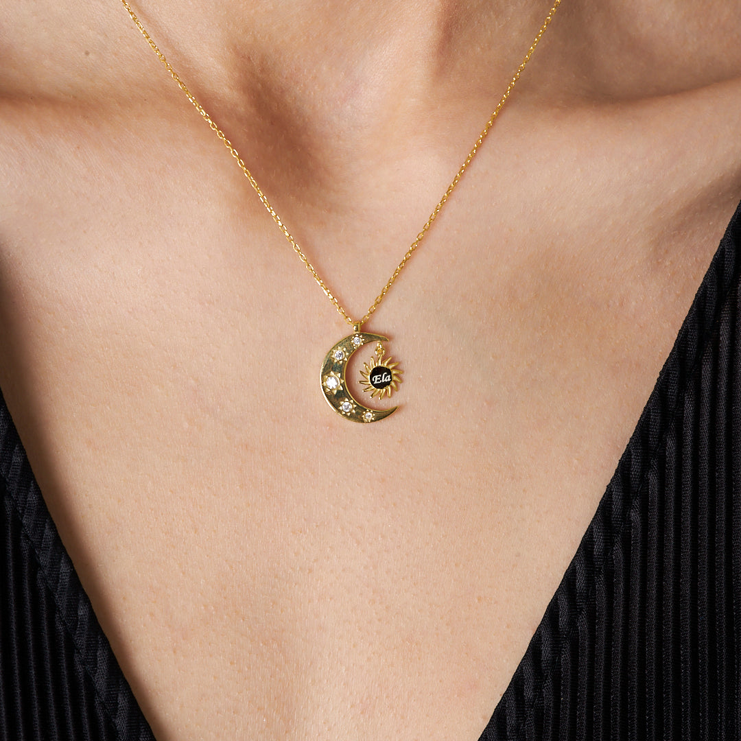 Crescent and Star Necklace with Initials - 925 Silver