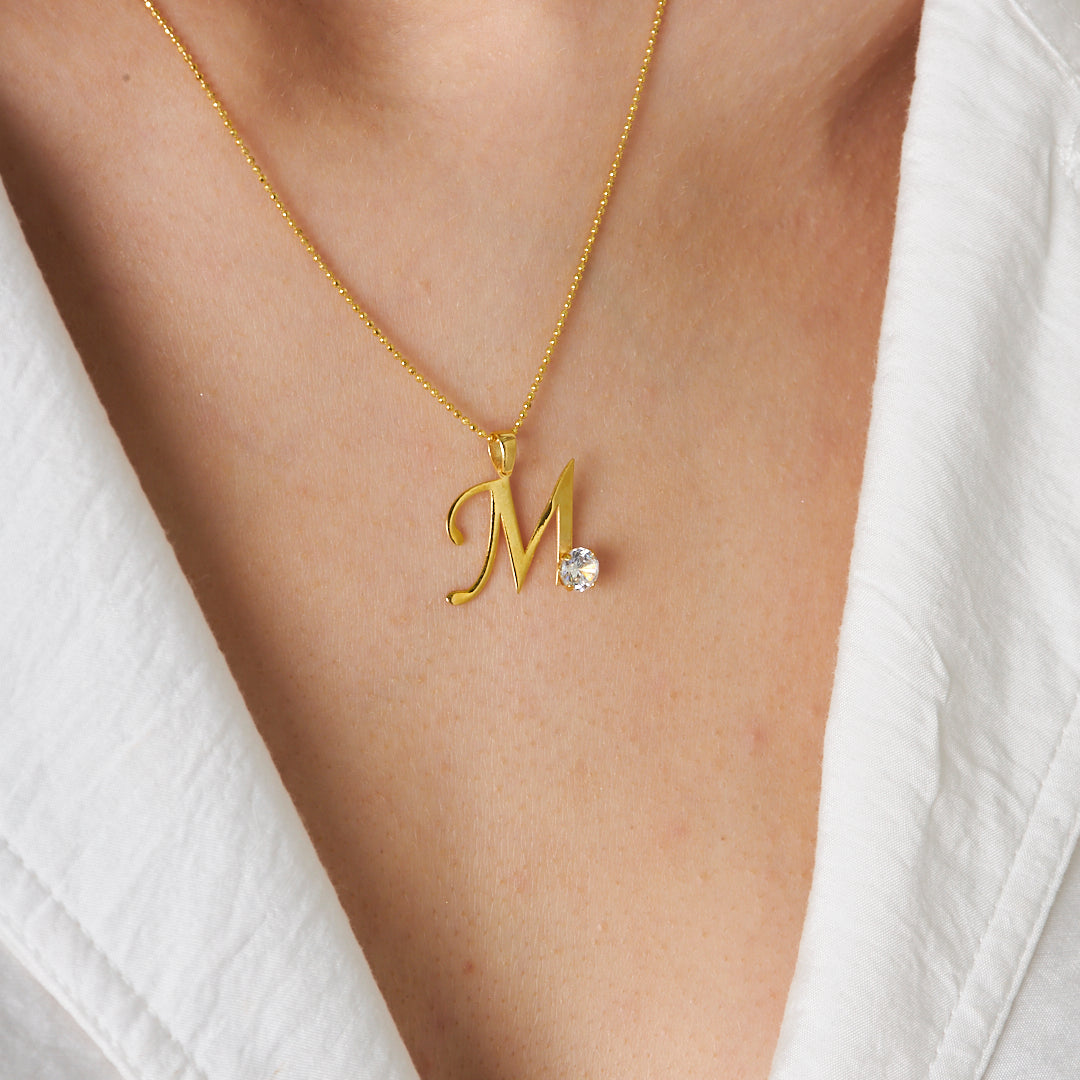 Single Stone Letter Necklace - 925 SILVER