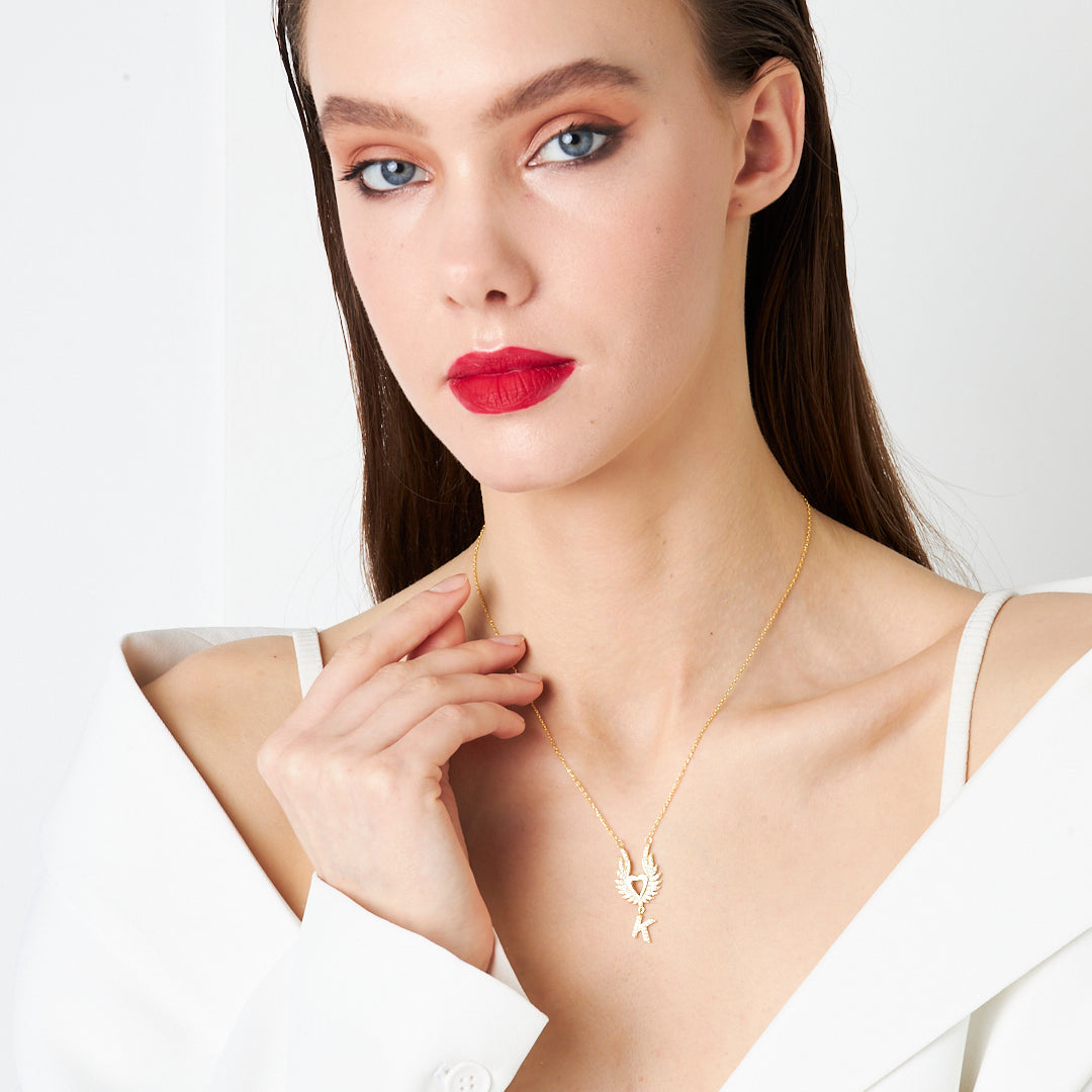 Large Winged Heart Necklace with Initials - 925 Silver