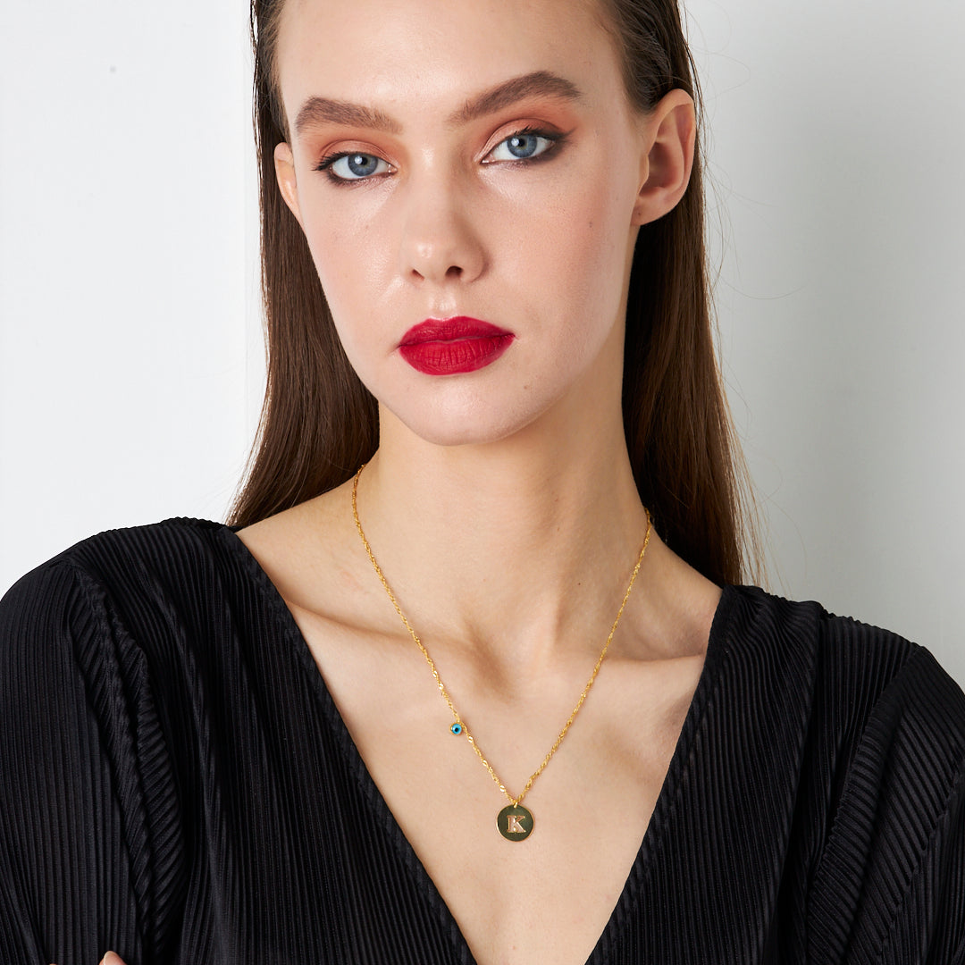 Evil Eye Letter Plate Necklace - 925 SILVER