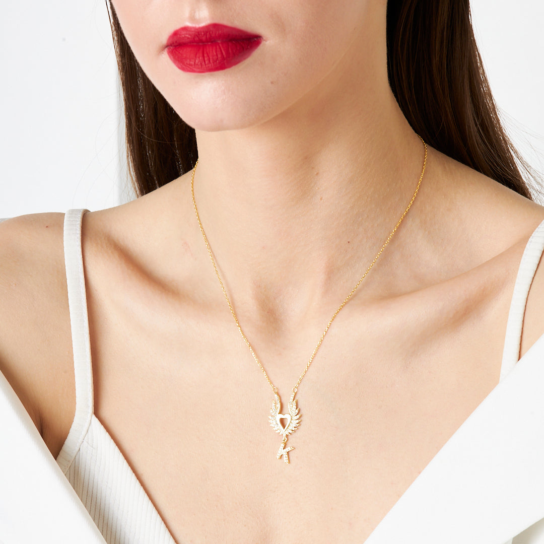 Large Winged Heart Necklace with Initials - 925 Silver