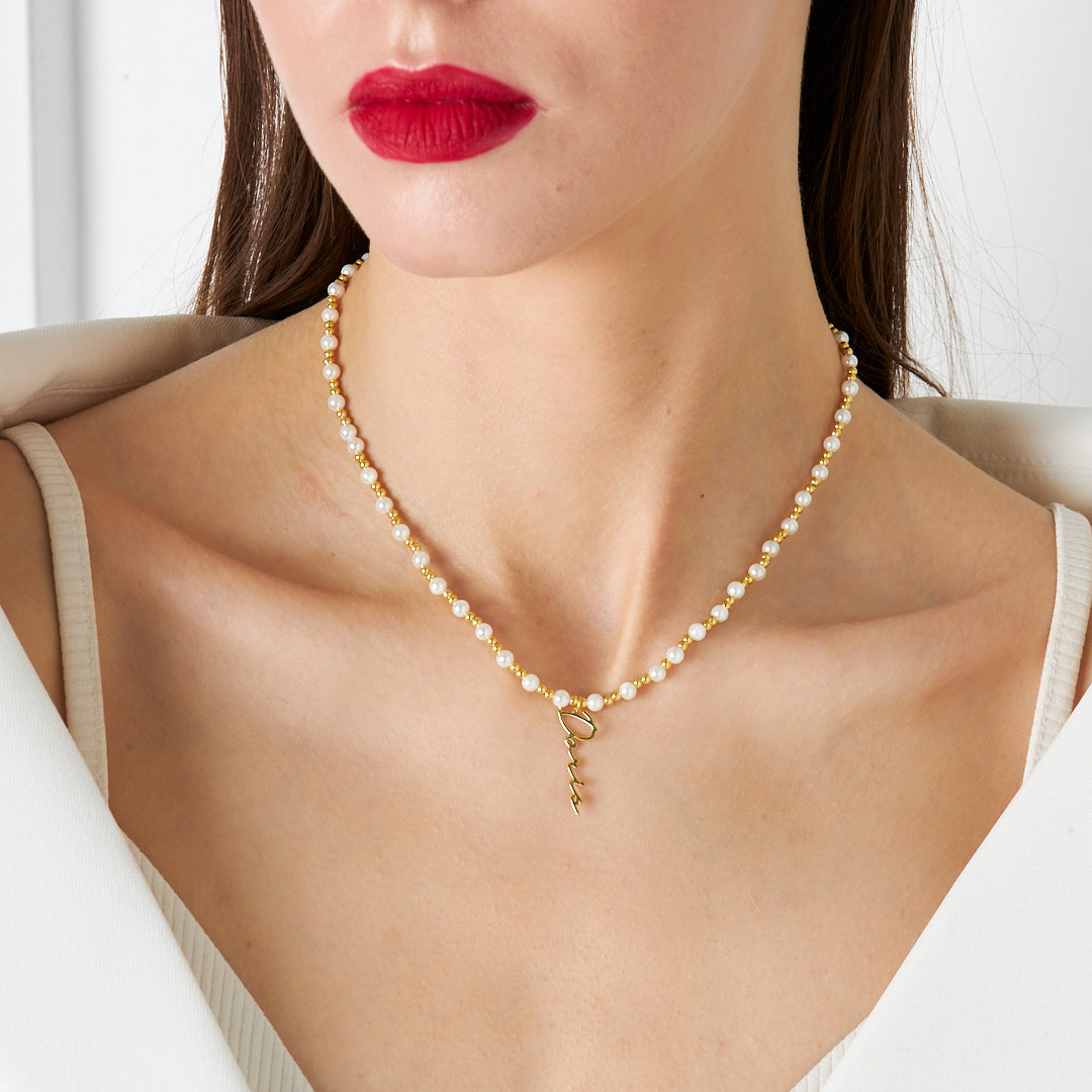 Pearl Detailed Name Necklace - 925 SILVER