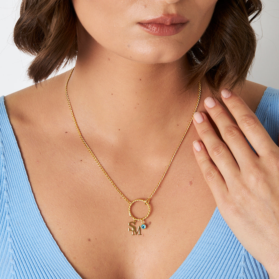 Evil Eye Round Letter Necklace - 925 SILVER
