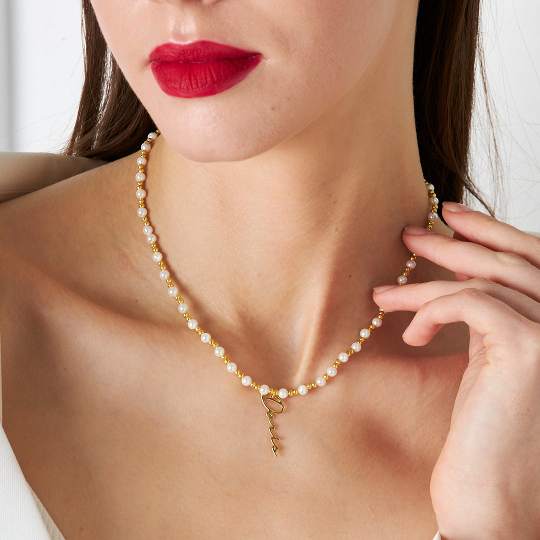 Pearl Detailed Name Necklace - 925 SILVER