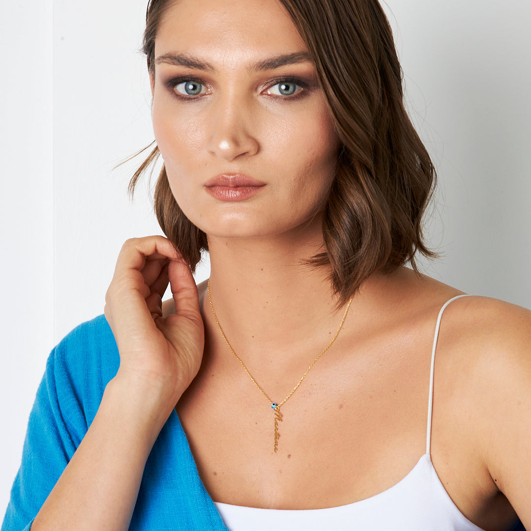 Evil Eye Vertical Written Name Necklace - 925 SILVER