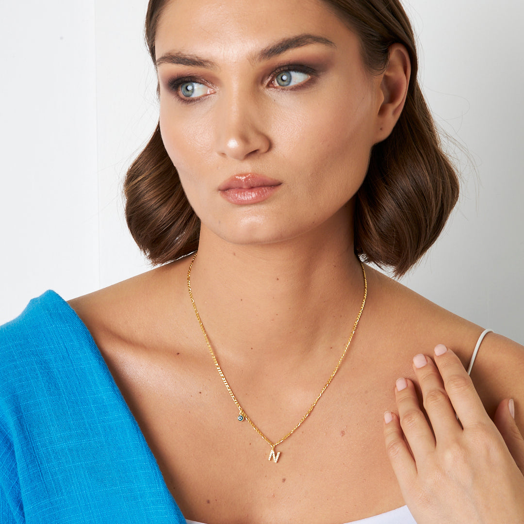 Single Letter Evil Eye Necklace - 925 SILVER