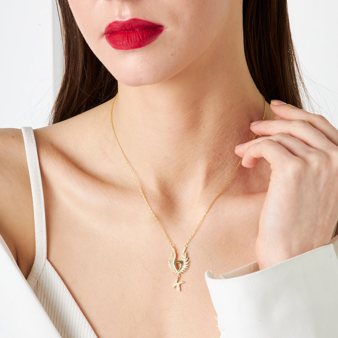 Large Winged Heart Necklace with Initials - 925 Silver