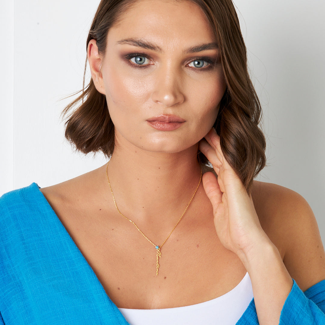 Evil Eye Vertical Written Name Necklace - 925 SILVER