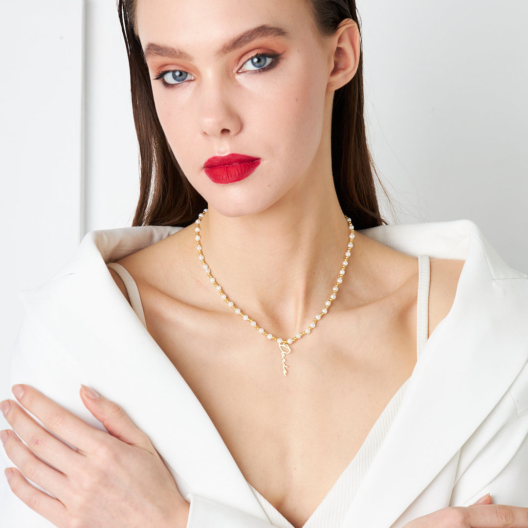 Pearl Detailed Name Necklace - 925 SILVER