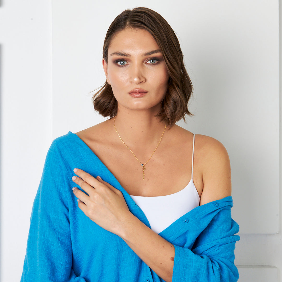 Evil Eye Vertical Written Name Necklace - 925 SILVER