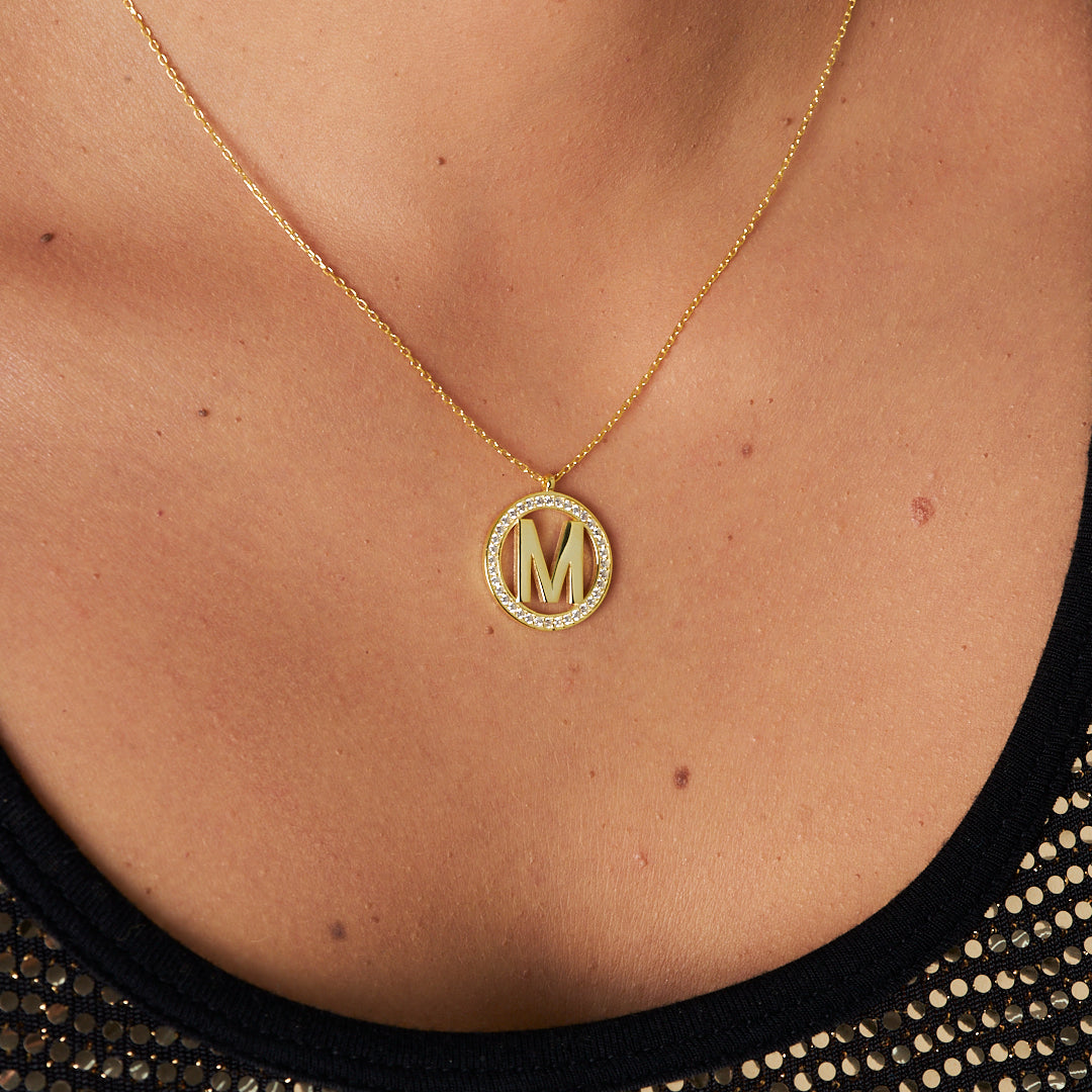 Round Stone Letter Necklace - 925 SILVER