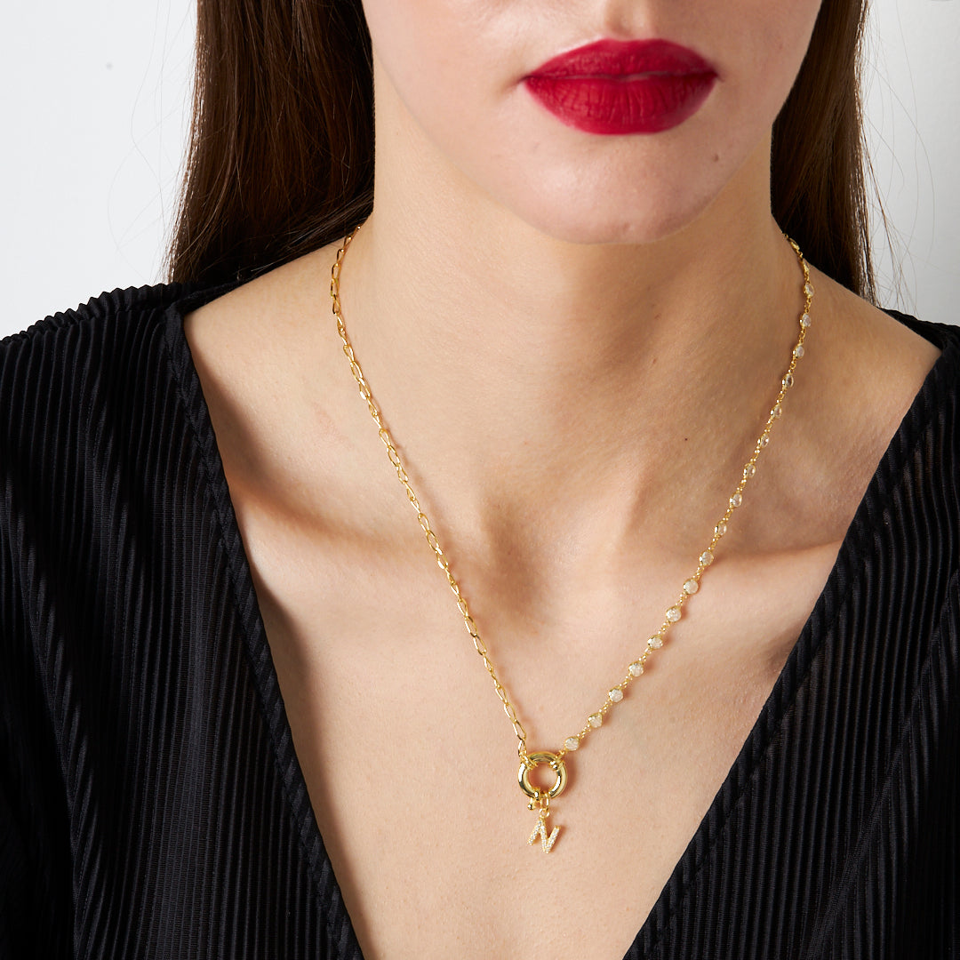 Sailor Locked Initial Necklace with Row Stones - 925 SILVER