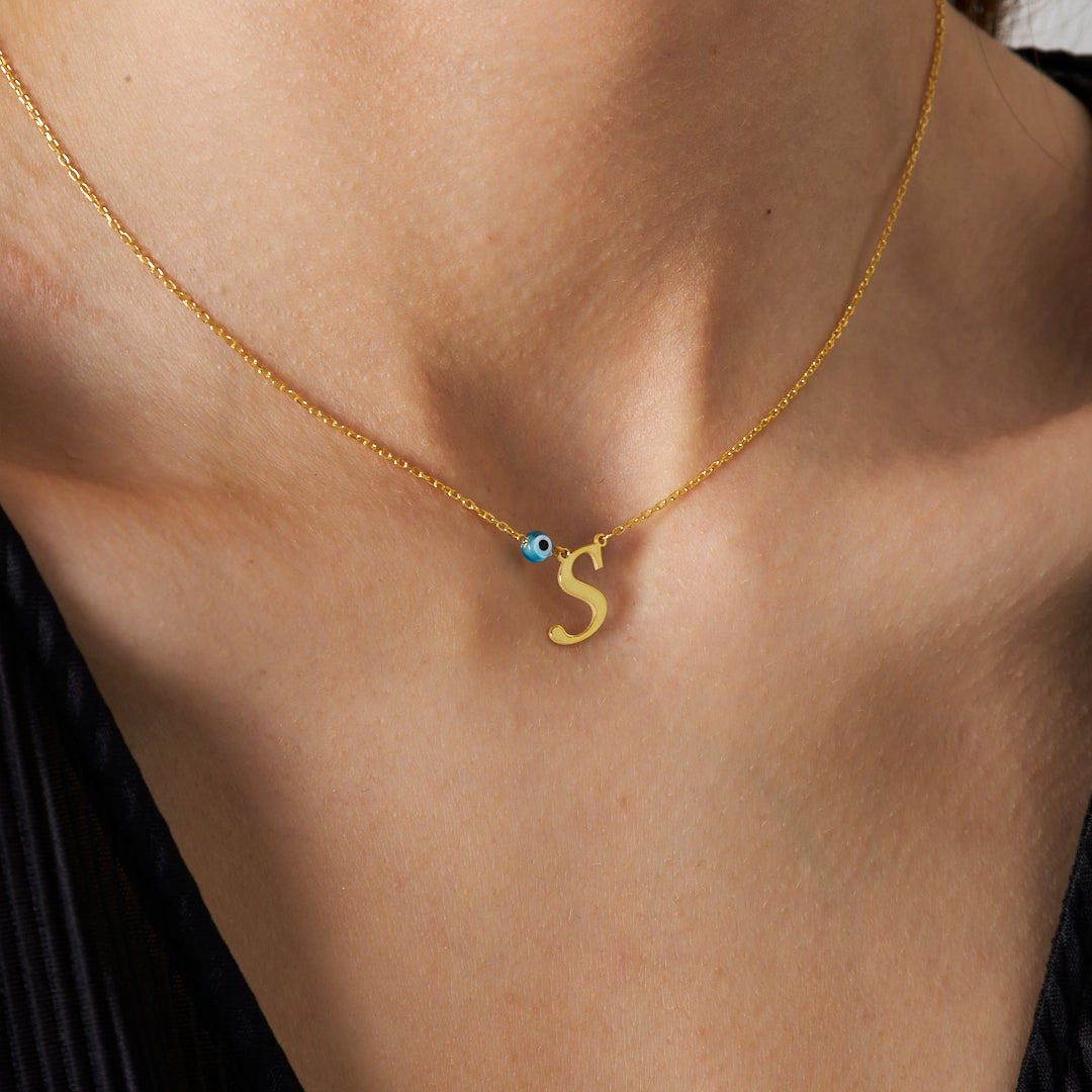 Evil Eye Thin Letter Necklace - 925 SILVER